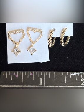 New Gold CZ Dangle Chain Triangle Earrings & 1/2” Hoops - sold as a set